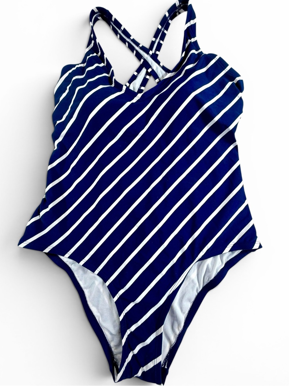 Kona Sol XL Blue White Striped‎ One Piece Swimsuit Crisscross Open Back